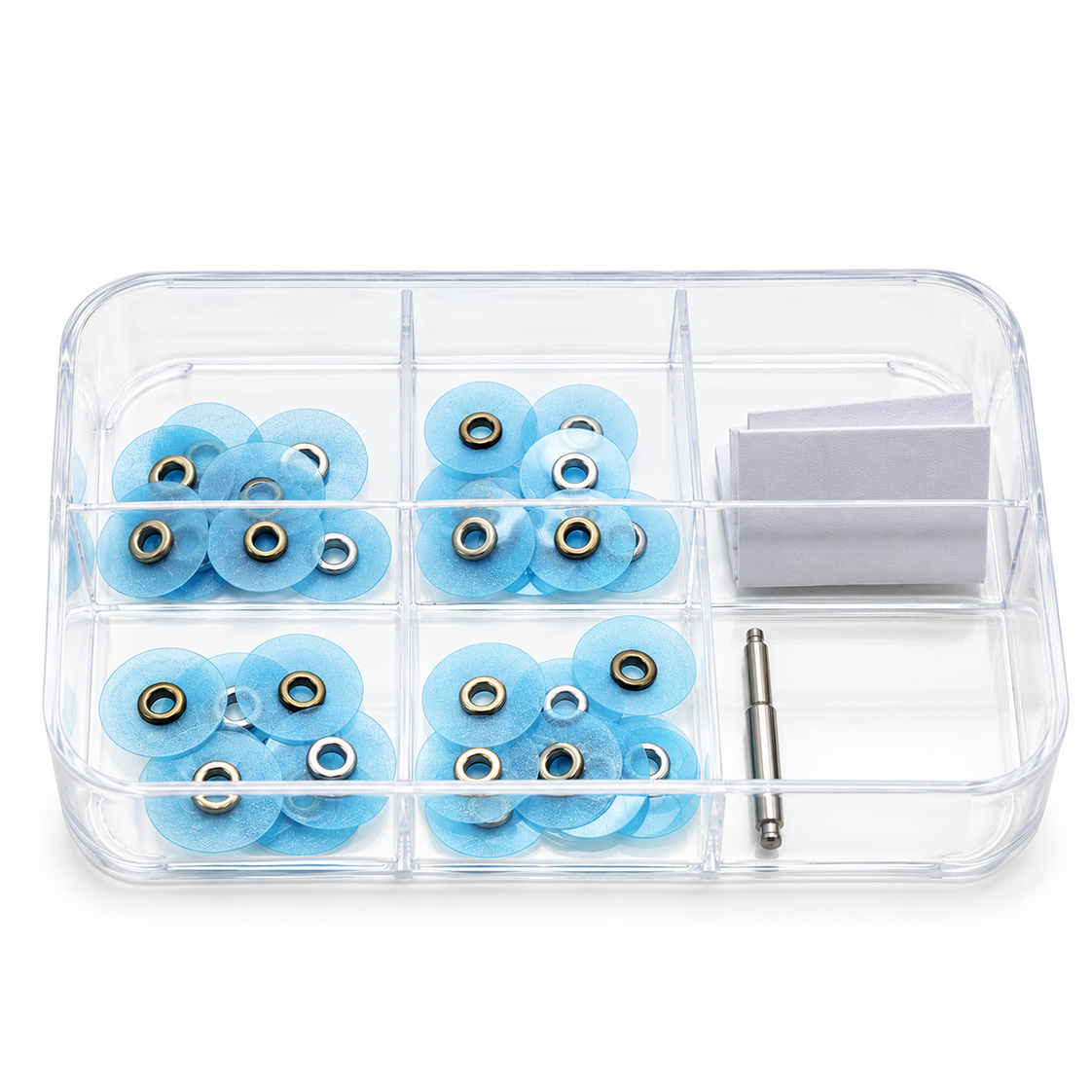 Vue du coffret de disques de polissage à œillet Cotisen avec mandrin métallique pour cabinet dentaire. Bleu 30 µm - Moyen