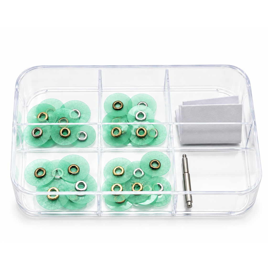 Vue du coffret de disques de polissage à œillet Cotisen avec mandrin métallique pour cabinet dentaire. Vert 20 µm - fin
