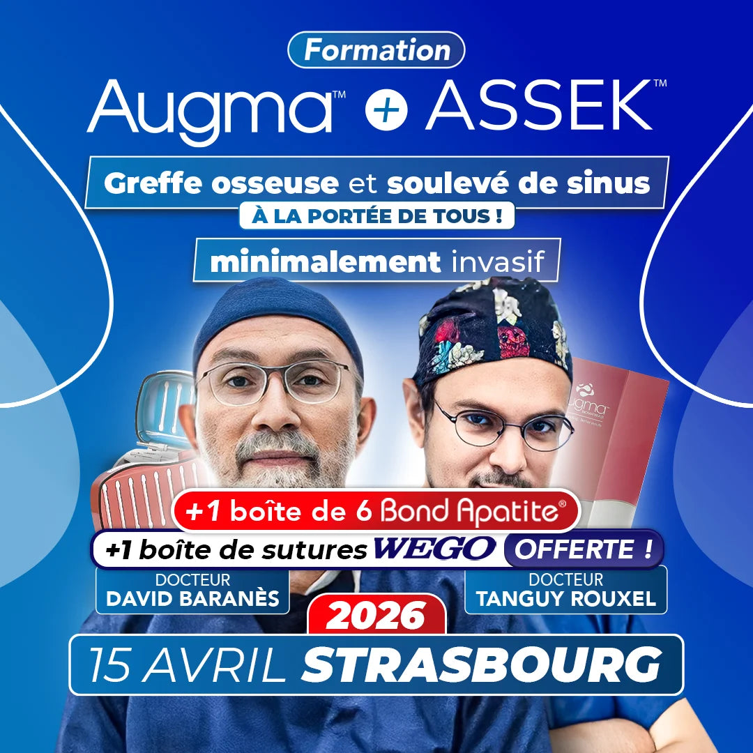 Formation greffe osseuse et soulevé de sinus minimalement invasif - Augma + ASSEK Lift - 15 Avril 2026 Strasbourg - Docteur David BaranÚs & Docteur Tanguy Rouxel - Augma Bond Apatite et Kits ASSEK Lift - Safe Implant - oofti.fr - Safe Academy - Dental Groupe