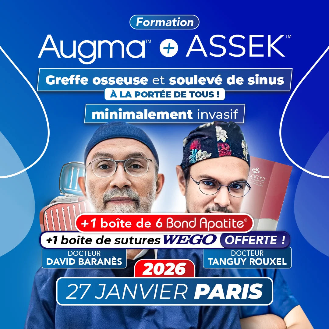 Formation greffe osseuse et soulevé de sinus minimalement invasif - Augma + ASSEK Lift - 27 Janvier 2026 Paris - Docteur David BaranÚs & Docteur Tanguy Rouxel - Augma Bond Apatite et Kits ASSEK Lift - Safe Implant - oofti.fr - Safe Academy - Dental Groupe