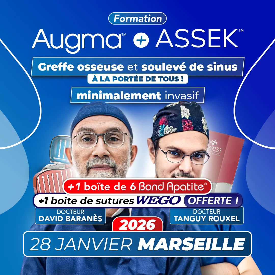 Formation greffe osseuse et soulevé de sinus minimalement invasif - Augma + ASSEK Lift - 28 Janvier 2026 Marseille - Docteur David BaranÚs & Docteur Tanguy Rouxel - Augma Bond Apatite et Kits ASSEK Lift - Safe Implant - oofti.fr - Safe Academy - Dental Groupe