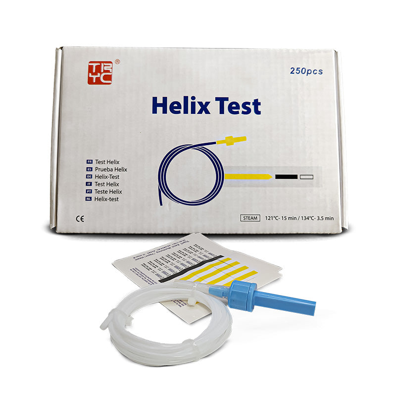 Boîte de 250 tests Helix Tianrun pour le contrôle de la stérilisation à la vapeur (121°C - 15 min / 134°C - 3.5 min). Contient des tubes, des adaptateurs bleus et des indicateurs chimiques pour la validation des autoclaves hospitaliers et cliniques.