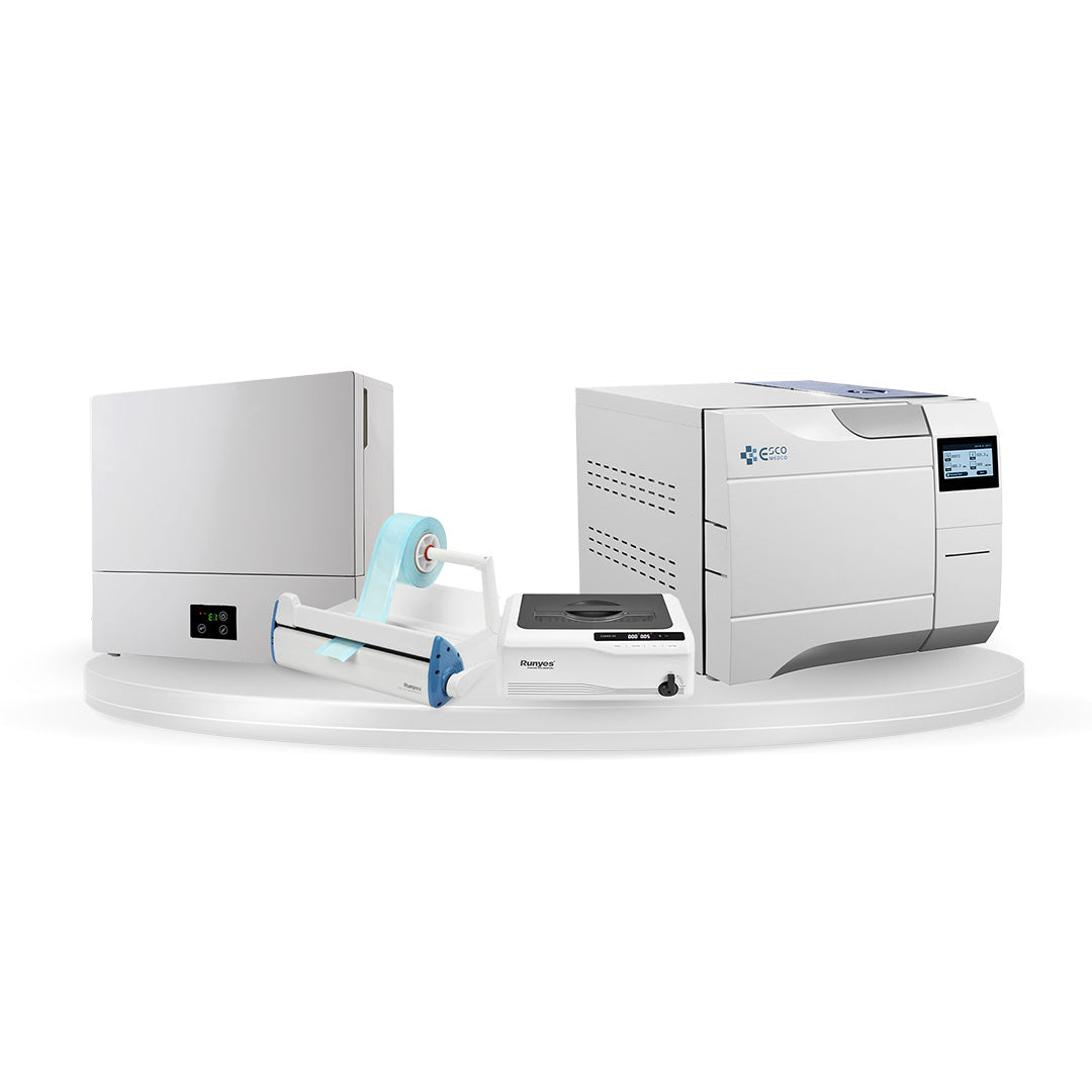 Pack de stérilisation dentaire composé de l’autoclave Fast & Dry 23 L modèle ECSS23AB Esco Medical, du système d’osmose inverse pour autoclave et distilleur d’eau Esco Medical, du nettoyeur à ultrasons 6 L CLEAN-02 Runyes et de la soudeuse SEAL-120 Runyes. Solutions professionnelles pour la stérilisation et la désinfection en cabinet dentaire, garantissant sécurité, efficacité et conformité aux normes d’hygiène.