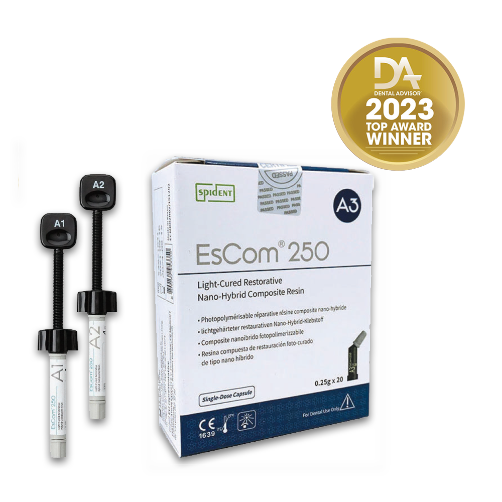 EsCom250 est une résine composite nano-hybride restauratrice photopolymérisable pour les restaurations postérieures et antérieures. Elle dispose d'un temps de travail de 90 secondes, ce qui laisse suffisamment de temps au dentiste pour la travailler. EsCom250 présente une résistance à la compression élevée et une excellente durabilité. Capsule unidose de 0,25g x 20 Disponible en teinte : A1 A2 A3 A3.5 A4