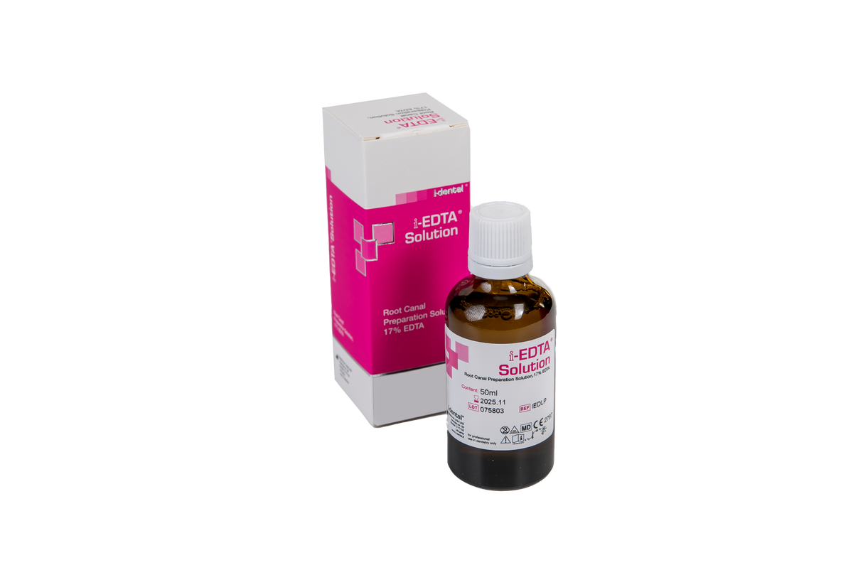 La Solution i-EDTA est spécialement formulée pour la préparation canalaire. Elle vise à accomplir les objectifs suivants : Aide à nettoyer les canaux radiculaires, adoucit et élargit les parois du canal radiculaire, décalcifie la dentine sur les parois du canal radiculaire et enlÚve la couche collante.