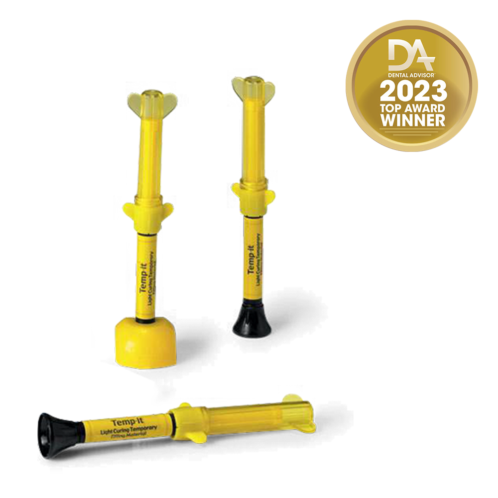 1 seringue de 3 g Temp.it est un matériau élastique photopolymérisable pour les restaurations temporaires. Il a l'avantage de pouvoir être retiré facilement en une seule pièce sans endommager les limites de préparation.