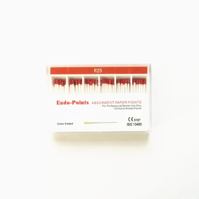 Pointes papier spéciales réciprocité endo points R25 rouges, boîte de 100 Caractéristiques • Utilisées dans le traitement du canal radiculaire • Servent à l'élimination de l'humidité dans le canal radiculaire et à l'introduction de médicaments • Roulées à la main pour garantir une meilleure absorbance • Tailles standardisées ISO/ADA