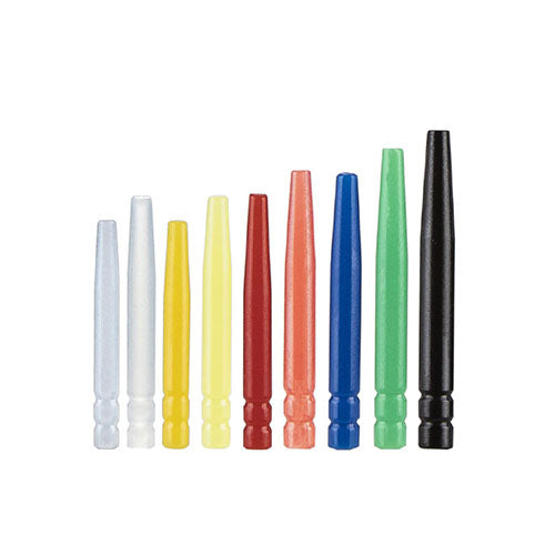 Conditionnés par boîte de 100, les pivots calcinables se déclinent en 9 dimensions différentes : Diamètre 1,17 mm - Longueur 9,39 mm - blanc Diamètre 1,17 mm - Longueur 11,49 mm - blanc Diamètre 1,27 mm - Longueur 9,39 mm - Jaune Diamètre 1,27 mm - Longueur 11,49 mm - Jaune Diamètre 1,37 mm - Longueur 9,39 mm - Rouge Diamètre 1,37 mm - Longueur 11,49 mm - Rouge Diamètre 1,47 mm - Longueur 13,49 mm - bleu Diamètre 1,57 mm - Longueur 15,40 mm - vert Diamètre 1,67 mm - Longueur 17,40 mm - noir