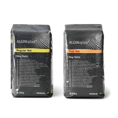 Alginate de précision compatible avec les hydrocolloïdes. Peut être injecté à la seringue. Avantages : Sans poussière et bonne mouillabilité Élasticité et limite élastique élevées Viscosité ferme Caractéristiques : Parfum mentholé Temps de prise normale : 3 min Temps de prise rapide : 2 min Quantité : sachet de 500 g Disponible en 2 types : Fast set (abricot) ou Normal set (jaune). Sachet de 500 g