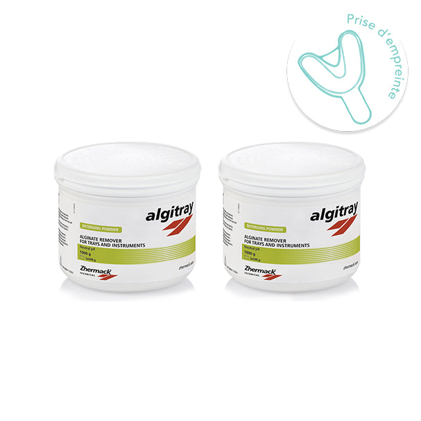 Détergent spécifique pour alginates à pH neutre. Nettoyage et élimination de résidus d'alginate de tous les types de porte-empreintes. Poudre concentrée soluble à diluer pour obtenir 10 litres de solution. Couleur jaune. 2 pots de 500 g.