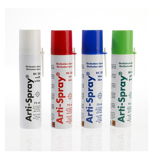 Arti-Spray de Bausch est un indicateur coloré en évidence des frictions et contacts occlusaux. Vaporiser à 3 ou 5 cm pour créer une couche fine (blanc, rouge, bleu ou vert). Elimination à l'eau. Spray de 75 ml. Disponible en 4 types : BK 285 Blanc BK 286 Rouge BK 287 Bleu BK 288 Vert