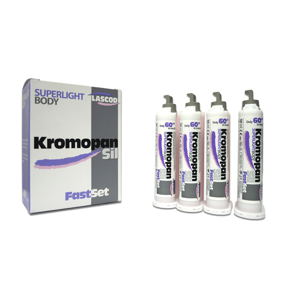 Le KromopanSil Body est un silicone par addition de nouvelle génération, formulé à base de polyvinylsiloxane. Disponible en quatre viscosités distinctes – Superlight, Light, Regular, et Heavy – ce produit révolutionnaire est conçu pour répondre aux exigences variées de la prise d'empreinte dentaire. Grâce à ses caractéristiques spécifiques, le KromopanSil Body assure une précision exceptionnelle (5 µm) même dans des environnements humides.