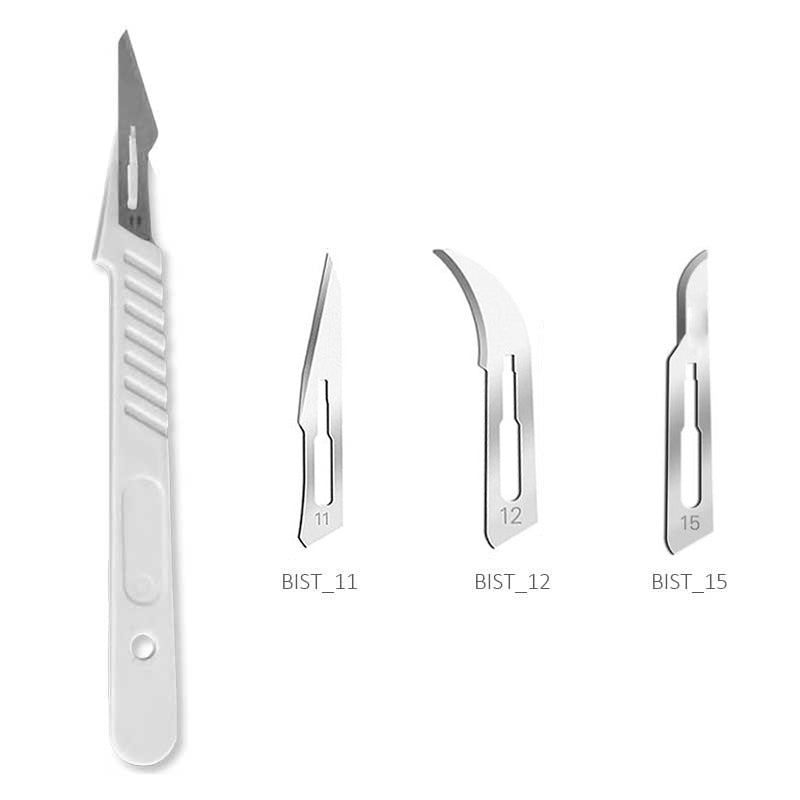Scalpel jetable avec manche en plastique vendu par boîte de 10 sachets. Lames chirurgicales stériles en acier au carbone. Existe avec 3 lames différentes: LBIST_11 LBIST_12 LBIST_15