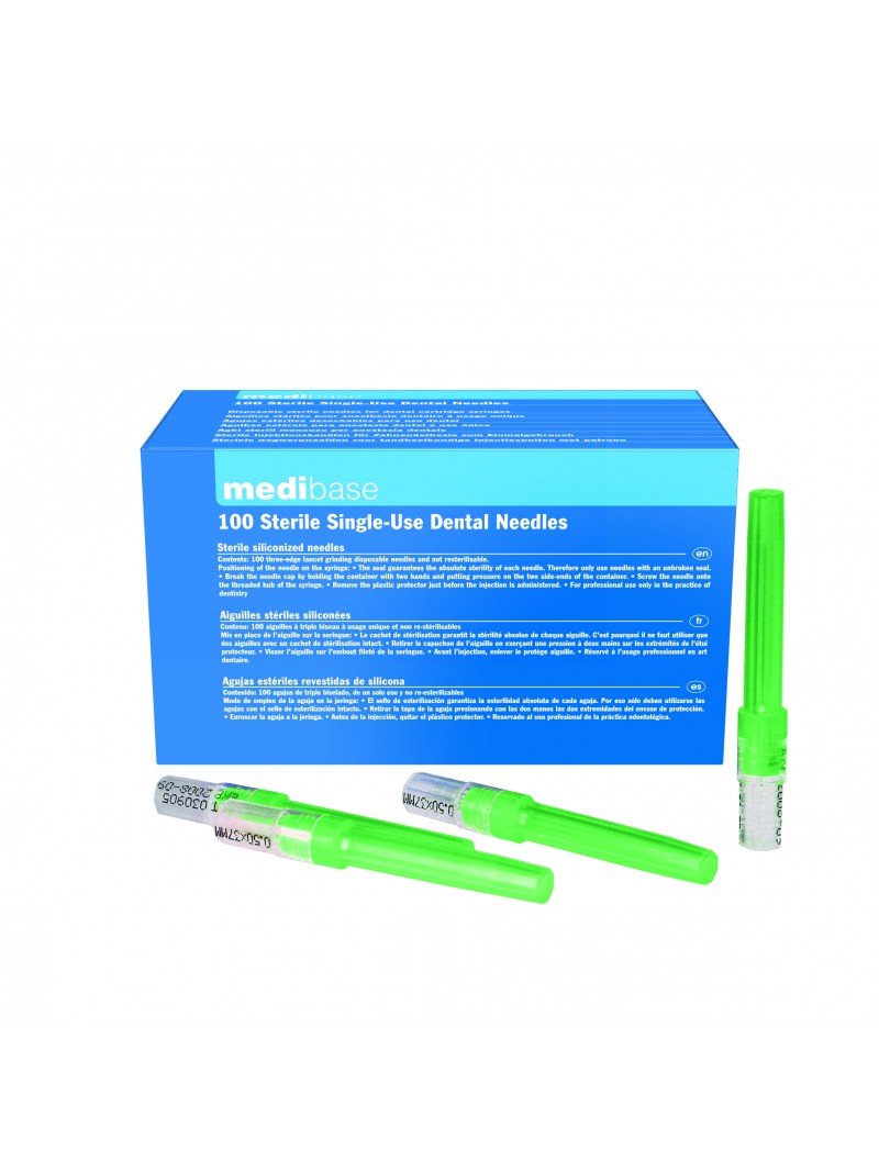 Aiguilles Medibase • triple biseau • enduction siliconée Aiguilles stériles. Propriétés : •Excellente qualité •Stériles avec bague de contrôle de stérilisation •Avec indicateur d’orientation du biseau •Conformes aux normes européennes. Dispositif médical de classe IIa. Marquage CE0482. Fabricant : Transcodent. La boîte de 100 aiguilles.