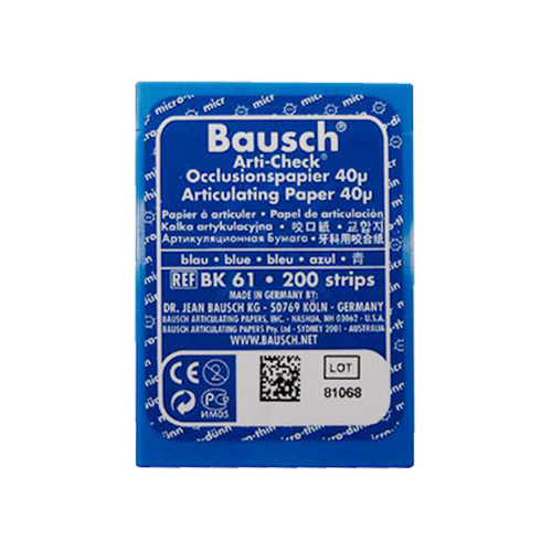 Papier d'occlusion Arti-Check micromince 40µ de BAUSCH. Colorant sur les 2 faces. Des microcapsules éclatent à la pression. Marquage très précis et sélectif. Sans aucune bavure. Couleurs disponibles : bleu, rouge, pour différencier les points de contact centrés et excentrés. Présentation en boîte de 200 bandes prédécoupées.