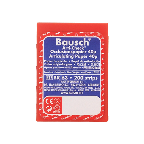 Papier d'occlusion Arti-Check micromince 40µ de BAUSCH. Colorant sur les 2 faces. Des microcapsules éclatent à la pression. Marquage très précis et sélectif. Sans aucune bavure. Couleurs disponibles : bleu, rouge, pour différencier les points de contact centrés et excentrés. Présentation en boîte de 200 bandes prédécoupées.