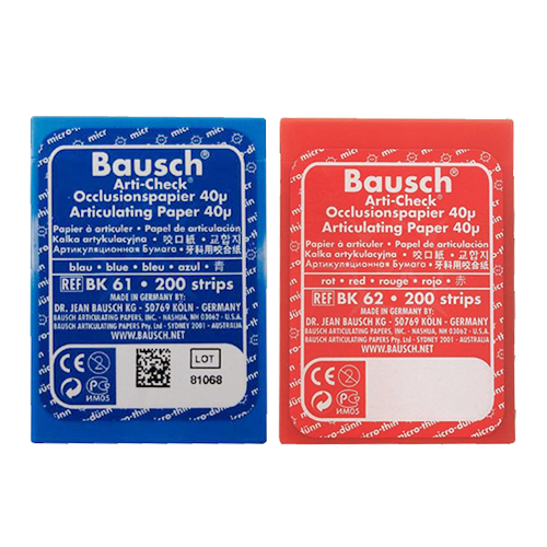 Papier d'occlusion Arti-Check micromince 40µ de BAUSCH. Colorant sur les 2 faces. Des microcapsules éclatent à la pression. Marquage très précis et sélectif. Sans aucune bavure. Couleurs disponibles : bleu, rouge, pour différencier les points de contact centrés et excentrés. Présentation en boîte de 200 bandes prédécoupées.