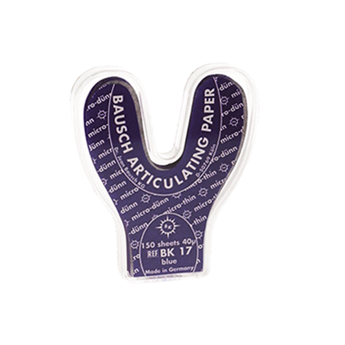 Papier d'occlusion Arti-Check micromince 40µ de BAUSCH. Colorant sur les 2 faces. Des microcapsules éclatent à la pression. Marquage très précis et sélectif. Sans aucune bavure. Couleurs disponibles : bleu, rouge, pour différencier les points de contact centrés et excentrés. Présentation en boîte de 150 feuilles en fer à cheval.