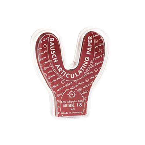 Papier d'occlusion Arti-Check micromince 40µ de BAUSCH. Colorant sur les 2 faces. Des microcapsules éclatent à la pression. Marquage très précis et sélectif. Sans aucune bavure. Couleurs disponibles : bleu, rouge, pour différencier les points de contact centrés et excentrés. Présentation en boîte de 150 feuilles en fer à cheval.