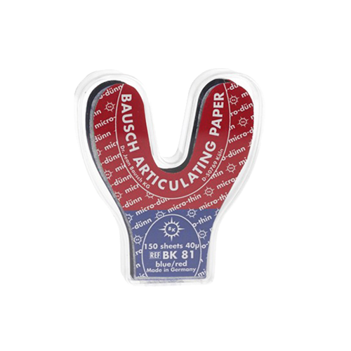 Papier d'occlusion Arti-Check micromince 40µ de BAUSCH. Colorant sur les 2 faces. Des microcapsules éclatent à la pression. Marquage très précis et sélectif. Sans aucune bavure. Couleurs disponibles : bleu, rouge, pour différencier les points de contact centrés et excentrés. Présentation en boîte de 150 feuilles en fer à cheval.