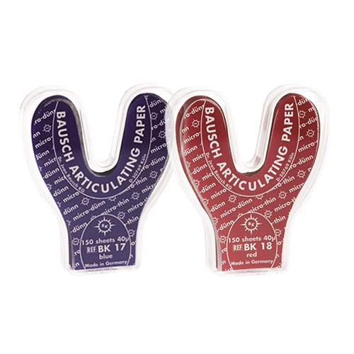 Papier d'occlusion Arti-Check micromince 40µ de BAUSCH. Colorant sur les 2 faces. Des microcapsules éclatent à la pression. Marquage très précis et sélectif. Sans aucune bavure. Couleurs disponibles : bleu, rouge, pour différencier les points de contact centrés et excentrés. Présentation en boîte de 150 feuilles en fer à cheval.