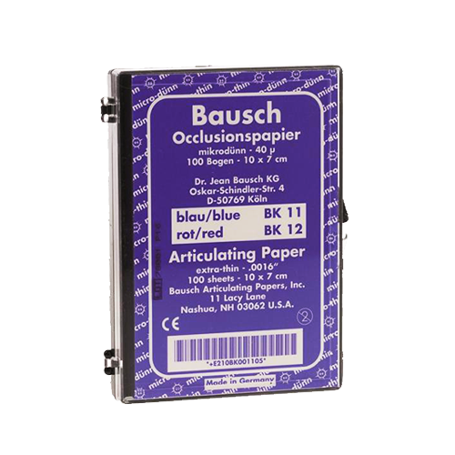 Papier d'occlusion Arti-Check micromince 40µ de BAUSCH. Colorant sur les 2 faces. Des microcapsules éclatent à la pression. Marquage très précis et sélectif. Sans aucune bavure. Couleurs disponibles : bleu, rouge, pour différencier les points de contact centrés et excentrés. Présentation en boîte de 100 feuilles.