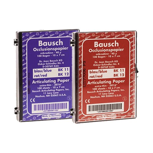 Papier d'occlusion Arti-Check micromince 40µ de BAUSCH. Colorant sur les 2 faces. Des microcapsules éclatent à la pression. Marquage très précis et sélectif. Sans aucune bavure. Couleurs disponibles : bleu, rouge, pour différencier les points de contact centrés et excentrés. Présentation en boîte de 100 feuilles.