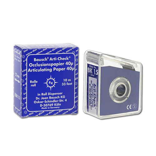 Papier d'occlusion Arti-Check micromince 40µ de BAUSCH. Colorant sur les 2 faces. Des microcapsules éclatent à la pression. Marquage très précis et sélectif. Sans aucune bavure. Couleurs disponibles : bleu, rouge, pour différencier les points de contact centrés et excentrés. Présentation en rouleau de 10 m en distributeur, largeur 22 mm.
