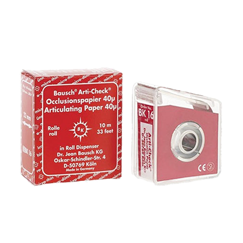 Papier d'occlusion Arti-Check micromince 40µ de BAUSCH. Colorant sur les 2 faces. Des microcapsules éclatent à la pression. Marquage très précis et sélectif. Sans aucune bavure. Couleurs disponibles : bleu, rouge, pour différencier les points de contact centrés et excentrés. Présentation en rouleau de 10 m en distributeur, largeur 22 mm.