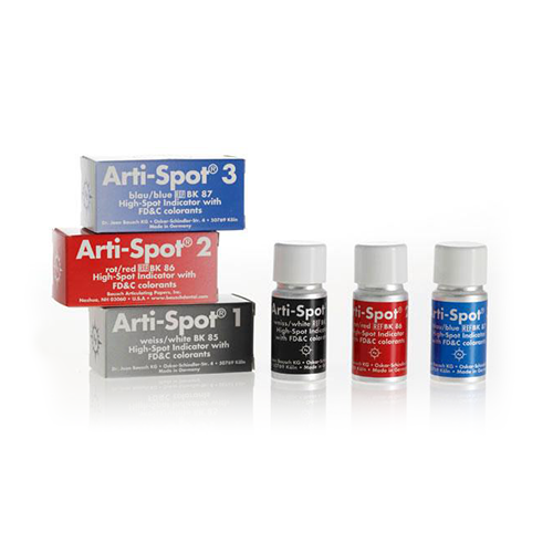 Arti-Spot de Bausch est un indicateur hightspots. Contrôle des surfaces de frictions à l'insertion en prothèse conjointe ou adjointe. Contrôle occlusal possible. Application au pinceau de 3µdecolorant. Nettoyage à l'eau ou brossage sur modèles. Flacon de 15ml. Disponible en 3 type : BK 85 Blanc pour métaux BK 86 Rouge pour céramique BK 87 Bleu pour frictions