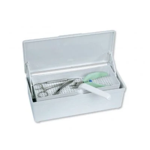 Bac de décontamination pour instruments avec panier perforé. Panier avec poignée pivotante. Dimensions : L 26 x l 8,5 x H 12 cm