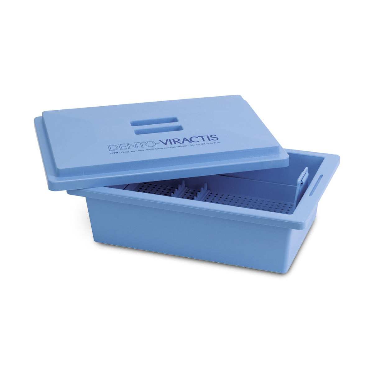 Bac de désinfection pour instruments. Propriétés : Avec panier pour séchage de l’instrumentation. Bleu CARACTERISTIQUES TECHNIQUES Autoclavable : jusqu’à 134°C pendant 18 min Dimensions L x l x H : 35 x 26 x 14 cm