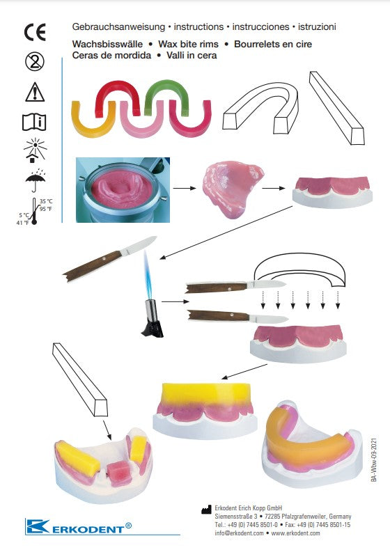 Bourrelets en cire droits, dur, rose-opaque ou cire de surélévation. Bourrelets en cire, préformés et droits avec gorge de positionnement sur la crête ce qui permet une fixation aisée. Disponible en trois duretés, quatre couleurs, préformés pour les prothèses complètes, droits pour les prothèses partielles. Les bourrelets en cire sont livrables avec ou sans oxyde. Ceux avec oxyde ont des couleurs très opaques ce qui facilite considérablement le jugement optique.