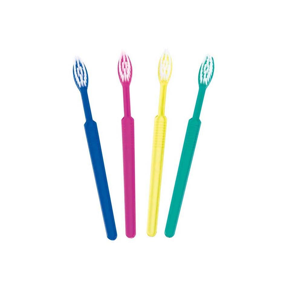 Brosses à dents usage unique imprégnées de dentifrice Propriétés : Manche ergonomique et solide. Poils flexibles. Goût agréable de la pâte dentifrice imprégnée. 100 brosses sous emballages individuels. La boîte assorties transparentes : bleu, vert, rose, jaune