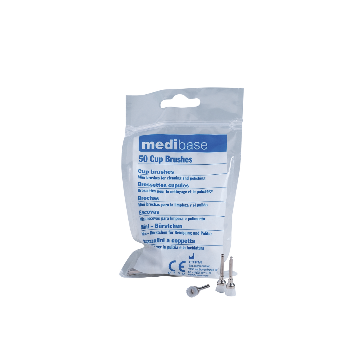 Brossettes miniatures pour le nettoyage et le polissage des dents, pour contre-angles. Sachet économique de 50 brossettes. A usage unique, non stérile. Dispositif médical de classe IIa. Marquage CE0120. Fabricant : CPFM Poils en nylon Poils en soie naturelle