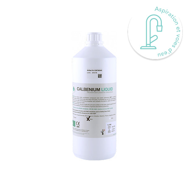 Calbenium liquide 1L : solution désinfectante pour circuits d’eau dentaires. Élimine germes et tartre. Compatible IGN 500. Effet nettoyant, aromatisé et désensibilisant - oofti.fr