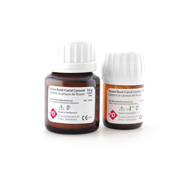 Le ciment à canaux de Rosen de PD est un ciment de scellement canalaire à base d’oxyde de zinc-eugénol avec de l’iodure de thymol qui contient un catalyseur en poudre et liquide. Ce ciment jouit d’une présentation en poudre liquide idéale pour ajuster la viscosité du ciment à la technique d’obturation.