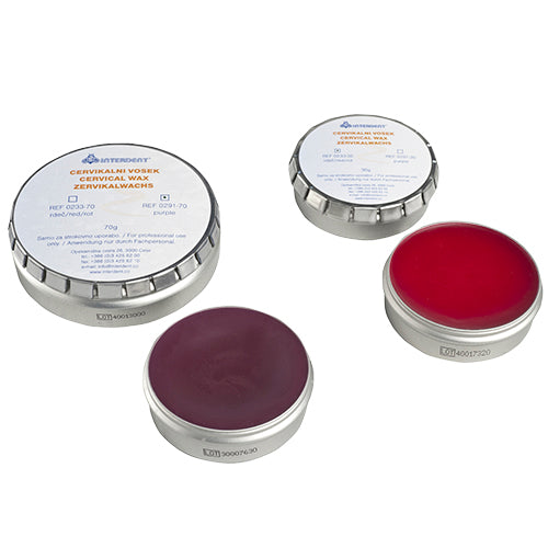La cire cervicale rouge est particulièrement flexible, sans tension, pour le modelage des inlays et des parties cervicales des couronnes. 233-70 La cire cervicale violette est plus dure et particulièrement flexible, sans tension pour une utilisation dans la technique de fraisage et dans des endroits à haute température pour modeler les inlays et les parties cervicales des couronnes. 291-70 Le pot de 70 g