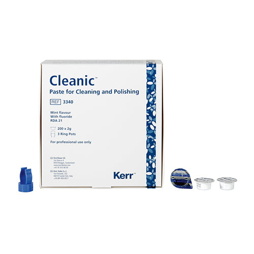 La pâte de prophylaxie Hawe Cleanic. Il s'agit du matériau abrasif le mieux étudié au niveau mondial. Contrairement aux substances abrasives, elle se montre convaincante par trois facettes caractérisant son utilité: nettoyage maximal et polissage maximal de la surface dentaire avec une abrasion minime. Présentée en unidose. DM Classe I. Fabricant : Kerr.