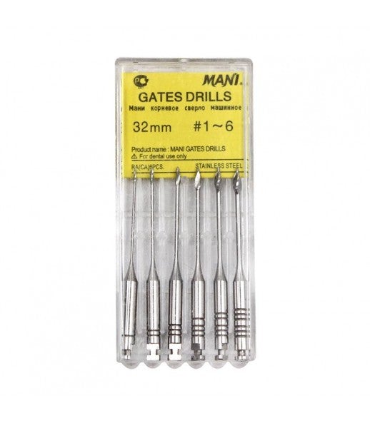 Elargisseur court du tiers coronaire en acier inoxydable, stérilisable à 200° C. Pointe non draft, sert de guide. Longueur 32 mm. N°1 : Ø 0,50 mm N°2 : Ø 0,70 mm N°3 : Ø 0,90 mm N°4 : Ø 1,10 mm N°5 : Ø 1,30 mm N°6 : Ø 1,50 mm Conditionnement: 1 boite de 6 forêts