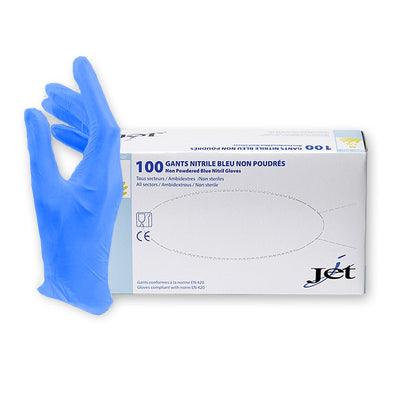 Gants nitrile bleu Jet : sans latex, non poudrés, résistants & hypoallergéniques. Confort pro, excellente adhérence. Boîte de 100, usage médical - oofti.fr