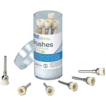 Brossettes miniatures de haute qualité pour le nettoyage et le polissage des dents. Pour contre-angles. Dispositif médical de classe IIa. Marquage CE0120. Fabricant : CFPM Le sachet de 12 brossettes ou les 30 brossettes: Brossettes poils en nylon Brossettes poils en soie naturelle.