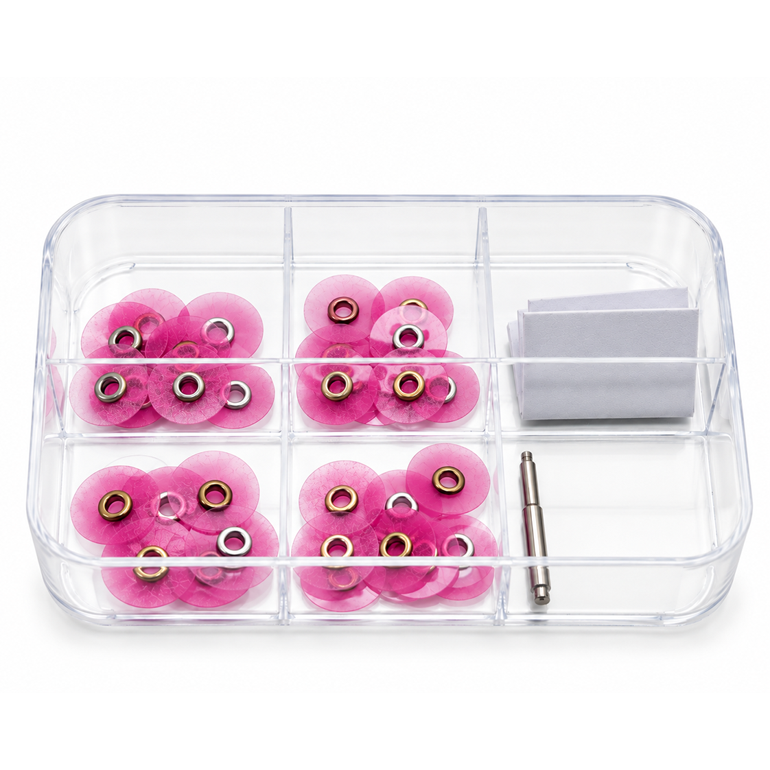 Vue du coffret de disques de polissage à œillet Cotisen avec mandrin métallique pour cabinet dentaire. Rose 12 µm - super fin
