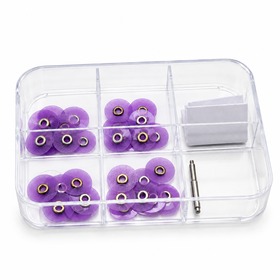 Vue du coffret de disques de polissage à œillet Cotisen avec mandrin métallique pour cabinet dentaire. Violet 50 µm - Grossier