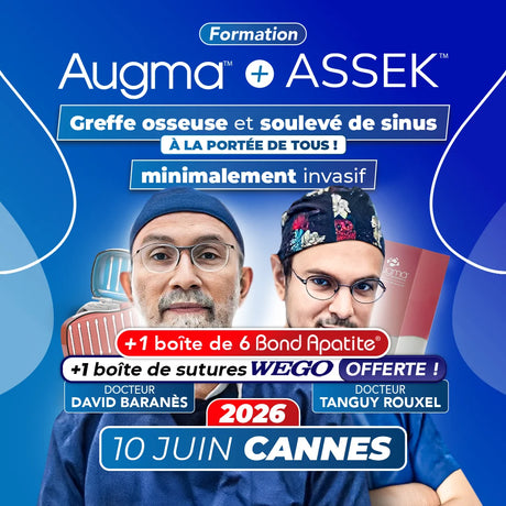 Formation greffe osseuse et soulevé de sinus minimalement invasif - Augma + ASSEK Lift - 10 Juin 2026 Cannes - Docteur David Baranès & Docteur Tanguy Rouxel - Augma Bond Apatite et Kits ASSEK Lift - Safe Implant - oofti.fr - Safe Academy - Dental Groupe