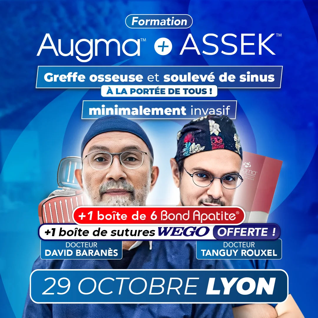 Formation greffe osseuse et soulevé de sinus minimalement invasif - Augma + ASSEK Lift - 29 Octobre 2025 Lyon - Docteur David Baranès & Docteur Tanguy Rouxel - Augma Bond Apatite et Kits ASSEK Lift - Safe Implant - oofti.fr - Safe Academy - Dental Groupe