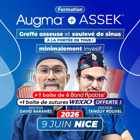 Formation greffe osseuse et soulevé de sinus minimalement invasif - Augma + ASSEK Lift - 9 Juin 2026 Nice - Docteur David Baranès & Docteur Tanguy Rouxel - Augma Bond Apatite et Kits ASSEK Lift - Safe Implant - oofti.fr - Safe Academy - Dental Groupe