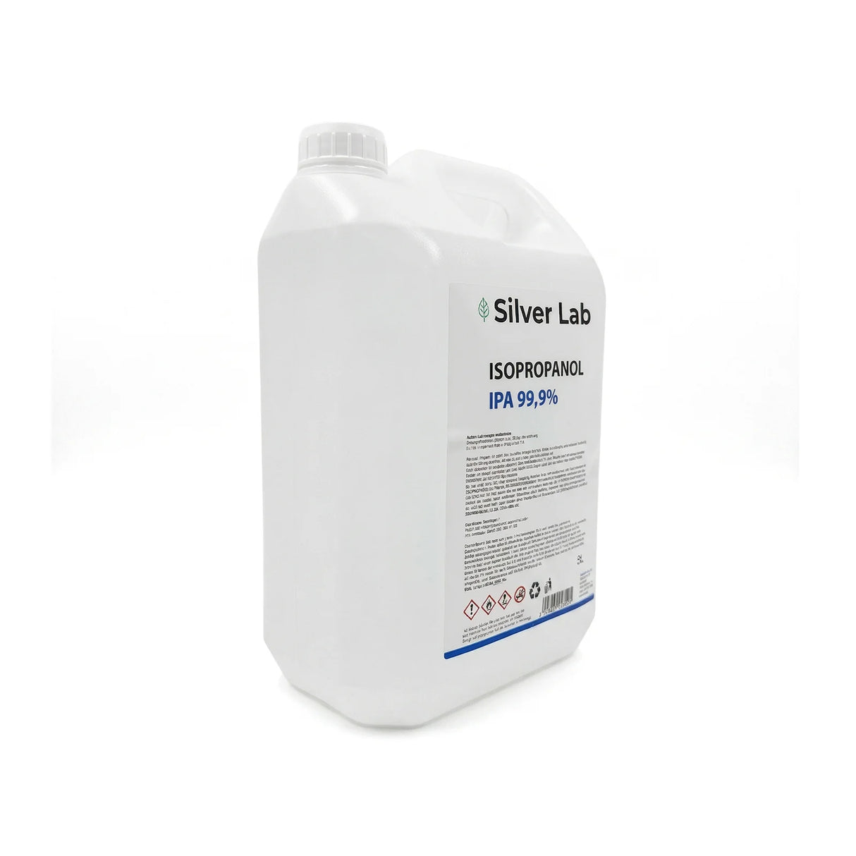 Vue légèrement de profil du bidon Isopropanol IPA 99,9% 5L SilverLab pour nettoyage de résine et entretien technique - oofti.fr