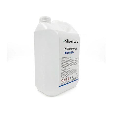 Vue légèrement de profil du bidon Isopropanol IPA 99,9% 5L SilverLab pour nettoyage de résine et entretien technique - oofti.fr