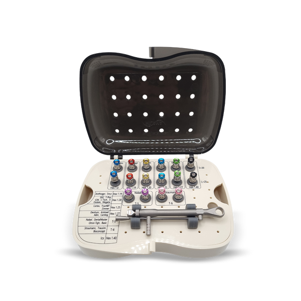 Kit de 16 tournevis universels pour implants, usage manuel. Compatible avec la plupart des systèmes implantaires. Idéal pour le serrage et desserrage des vis prothétiques et implantaires. Outil indispensable pour les chirurgiens-dentistes et implantologues.

